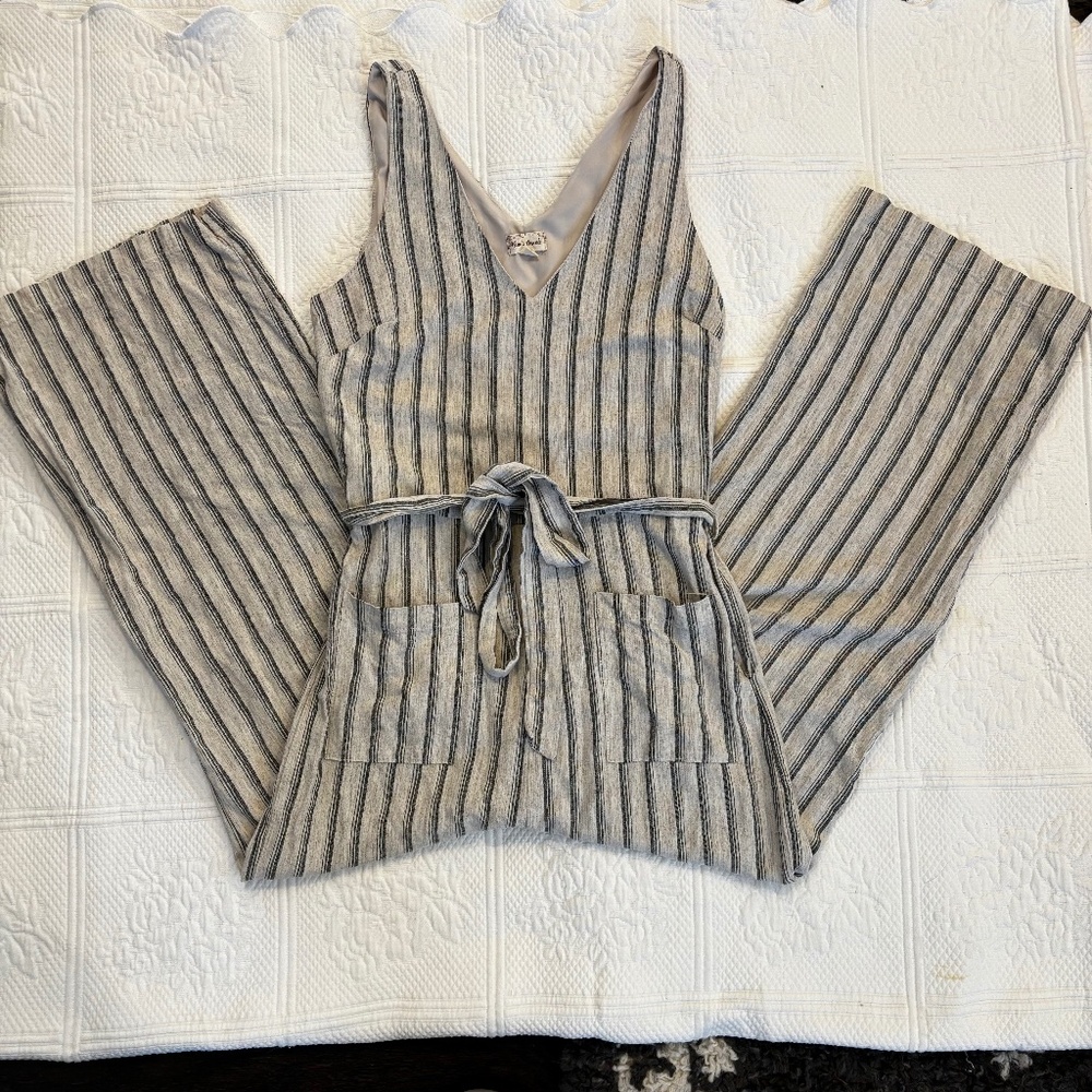 Hem & Thread Striped Jumpsuit Khaki and Dark Navy Size M